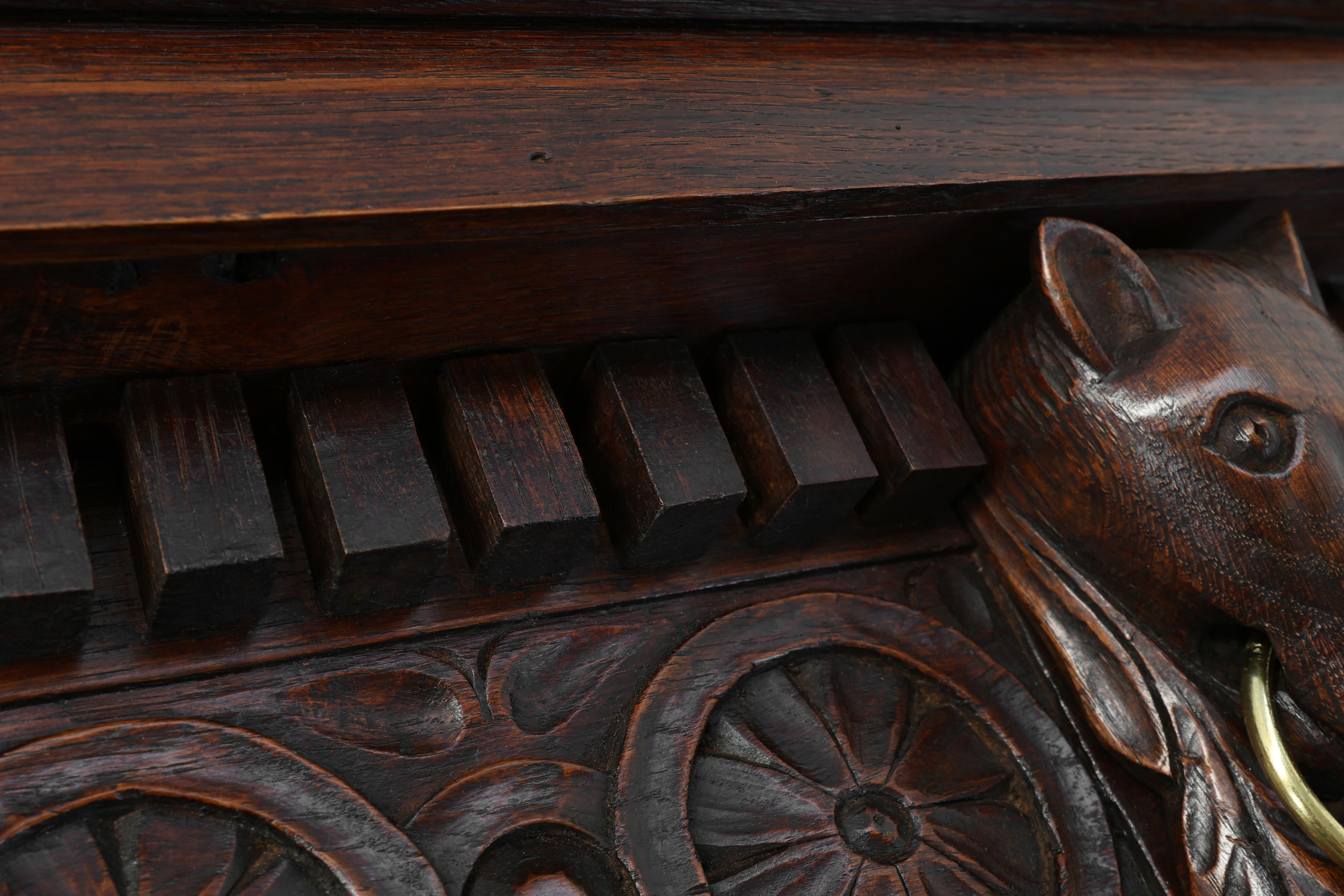 Large 18th Century Gothic solid oak hand carved coat rack, France thumbnail